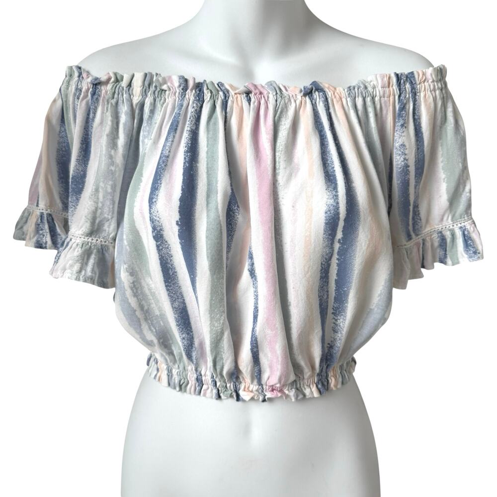 Ocean Drive Ruffled Crop Top Womens M Striped Off Shoulder Summer Peasant Blouse
